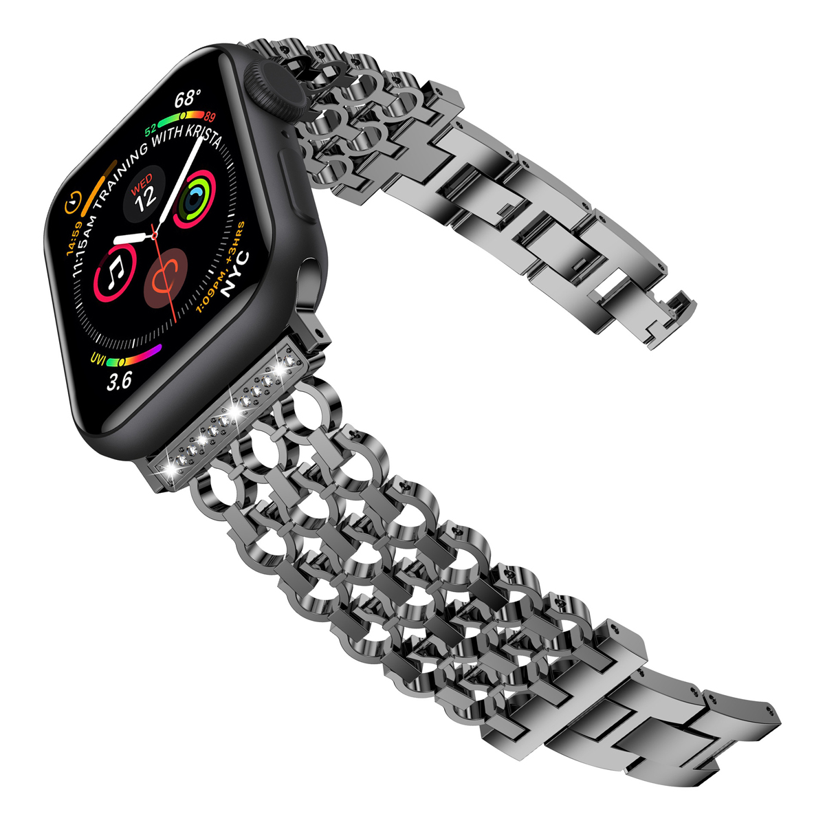 Schwarze Apple Watch mit silbernem Armband. Es zeigt ein Zifferblatt und Diamanten.