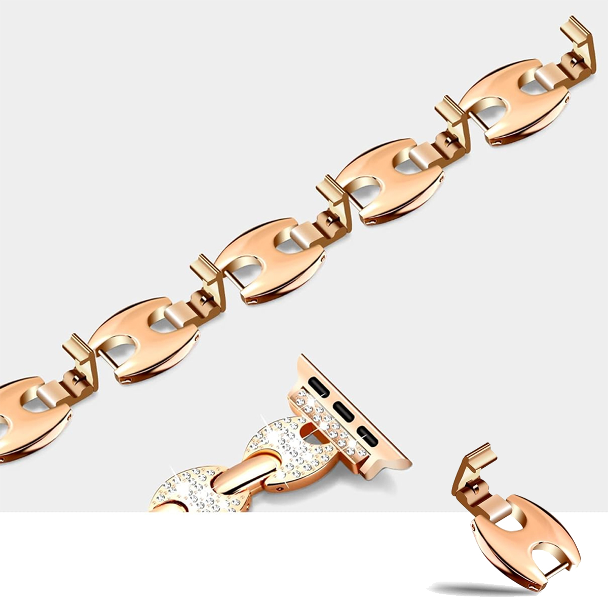Ein roségoldenes Uhrenarmband. Das Armband besteht aus miteinander verbundenen Gliedern mit offenen Zentren.
