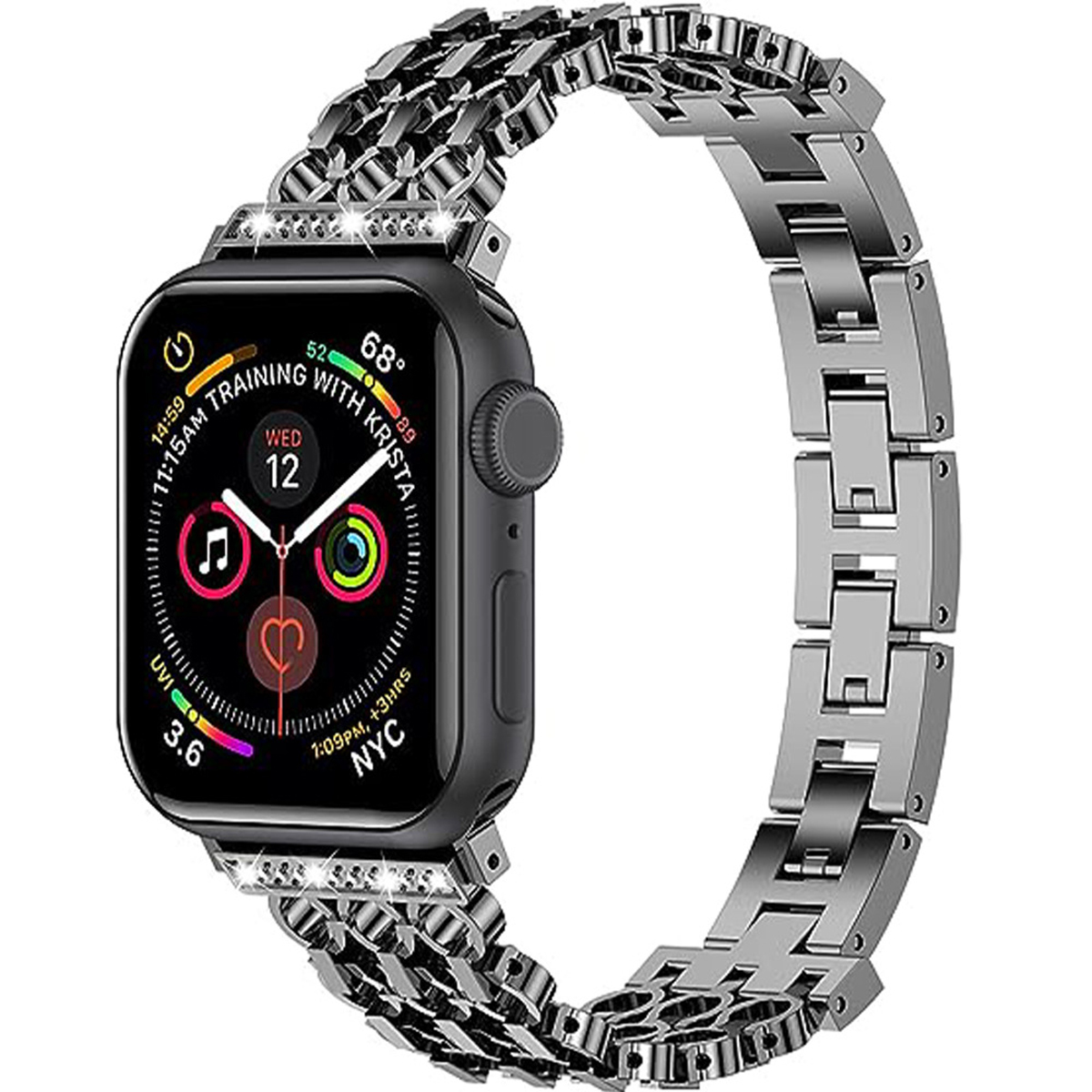 Schwarze Apple Watch mit silbernem Armband und Diamantakzenten.