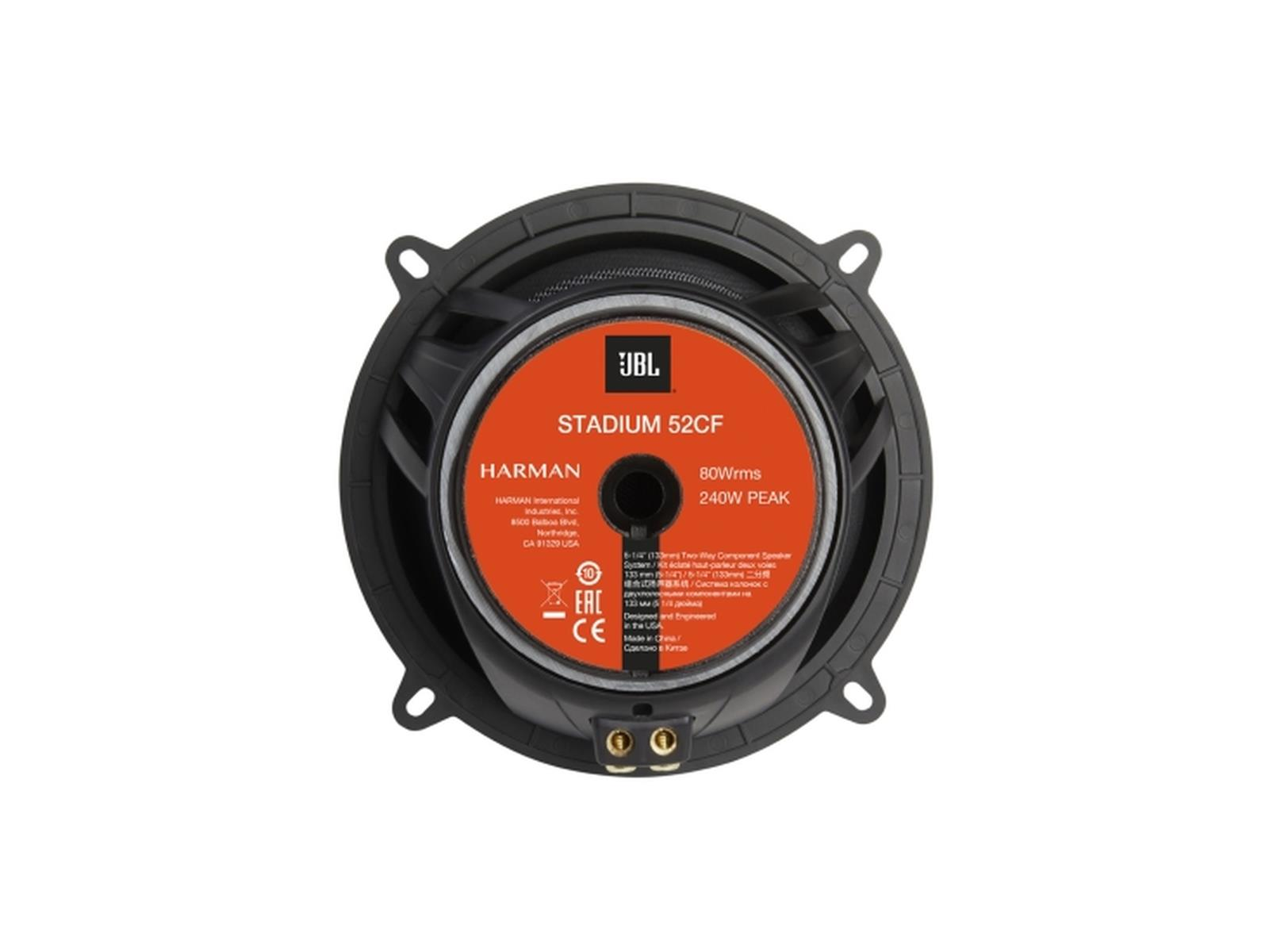 Autolautsprecher. Der Lautsprecher ist schwarz mit orangefarbenem Zentrum, JBL-Logo sichtbar.