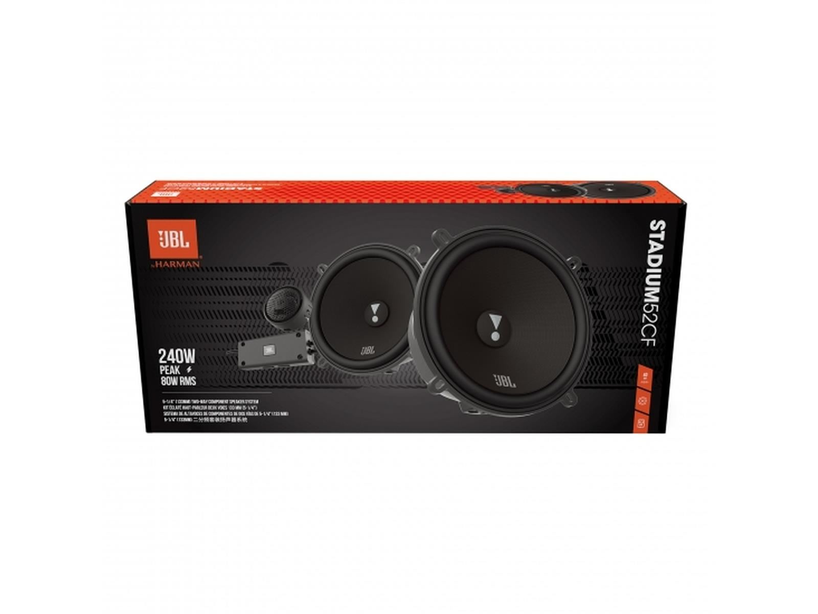 Eine Schachtel mit JBL-Autolautsprechern, schwarz und orange, mit Text und Lautsprecherbildern.