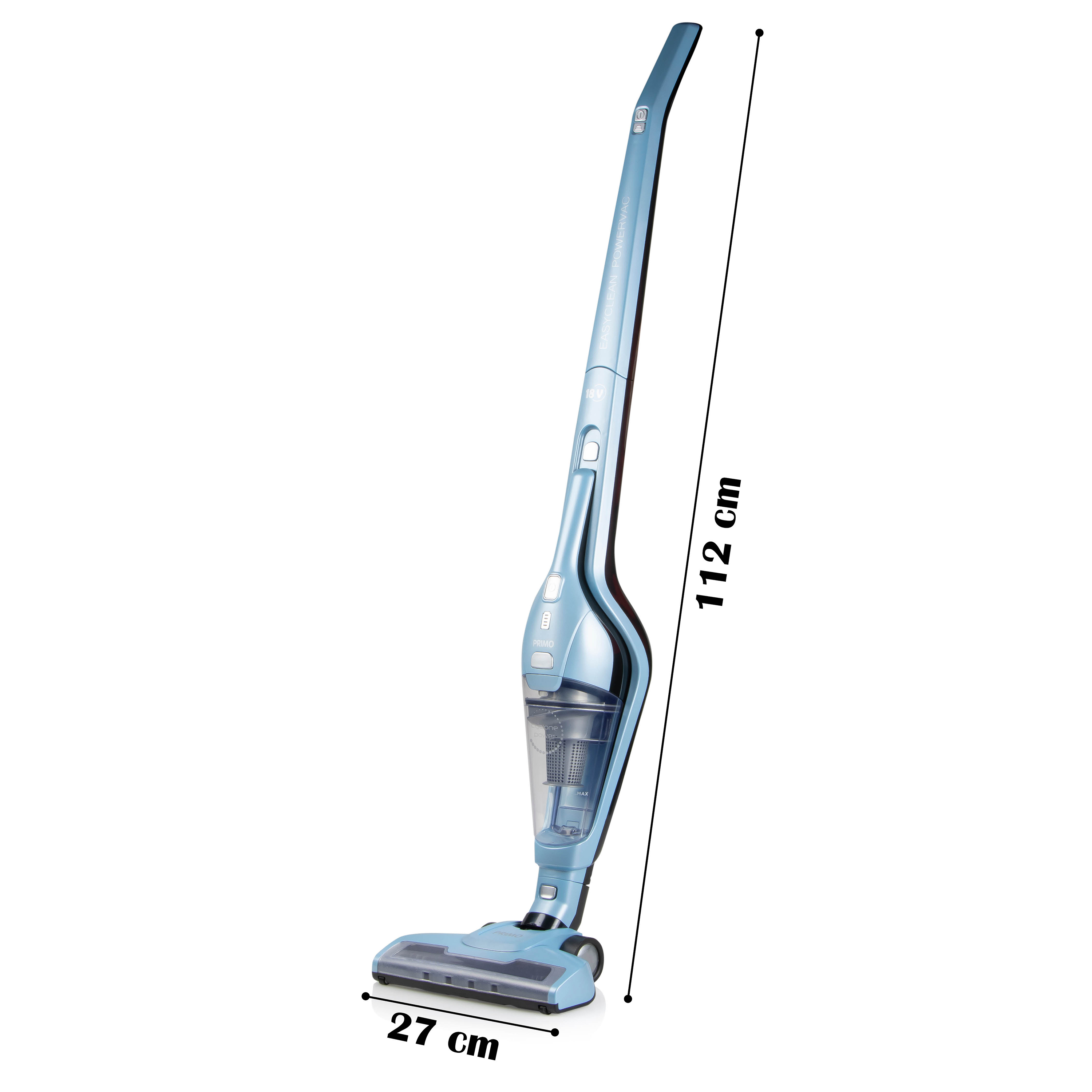 Aspirateur sans fil bleu, 112 cm de haut, avec une base de 27 cm de large.