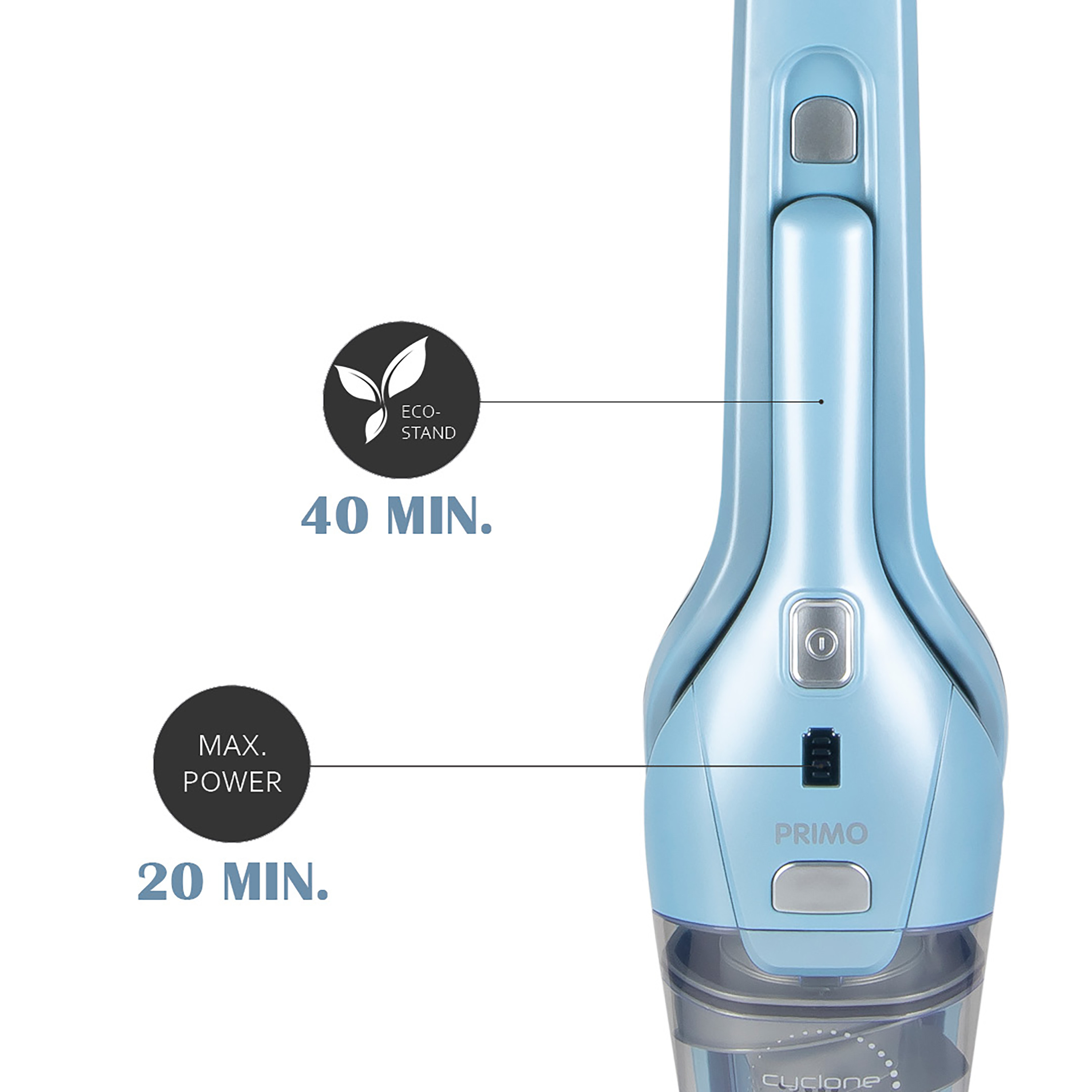 Un aspirateur bleu. Il a un cercle noir avec du texte et des informations sur la puissance max et le mode éco.