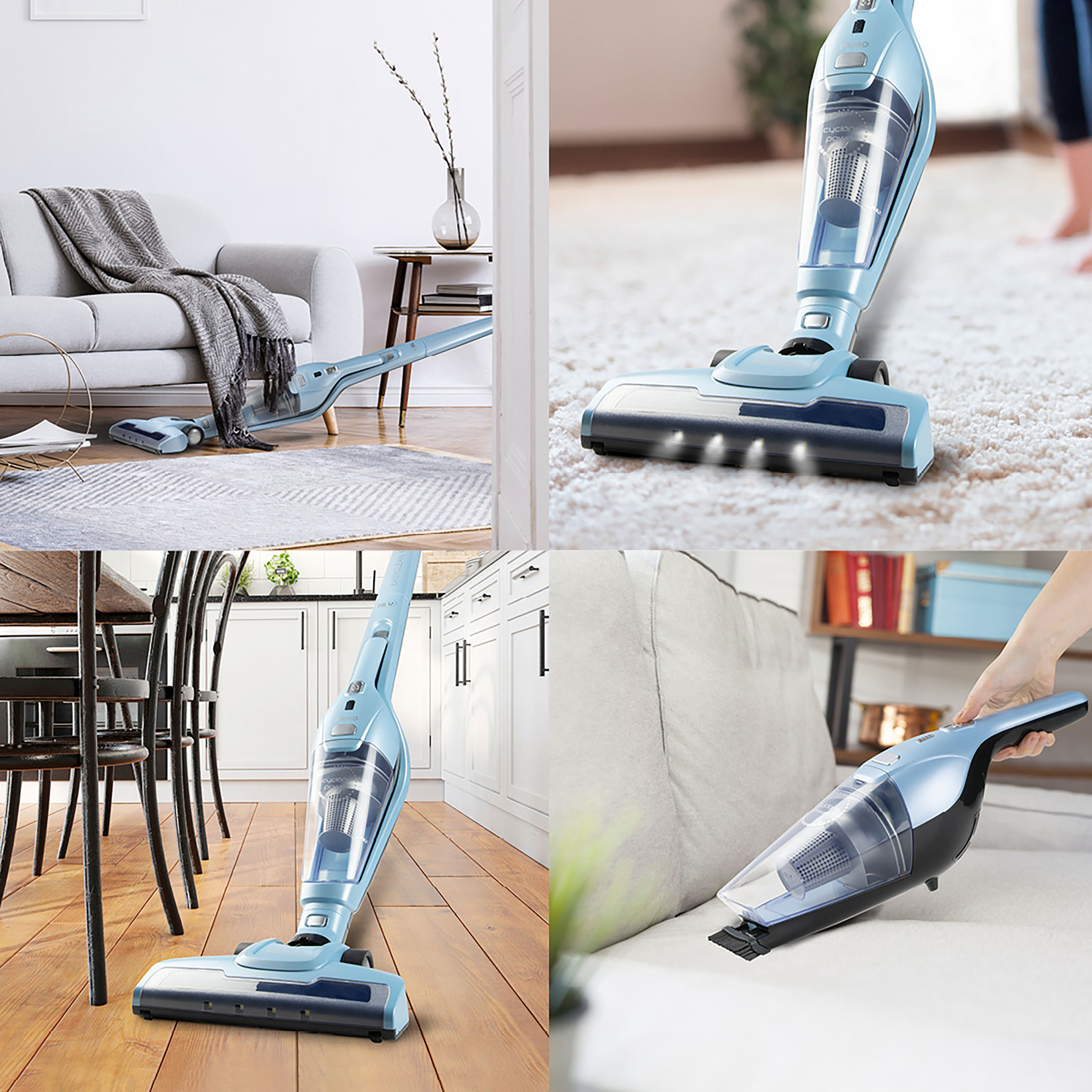 Quatre images d'un aspirateur sans fil bleu dans différents environnements domestiques.