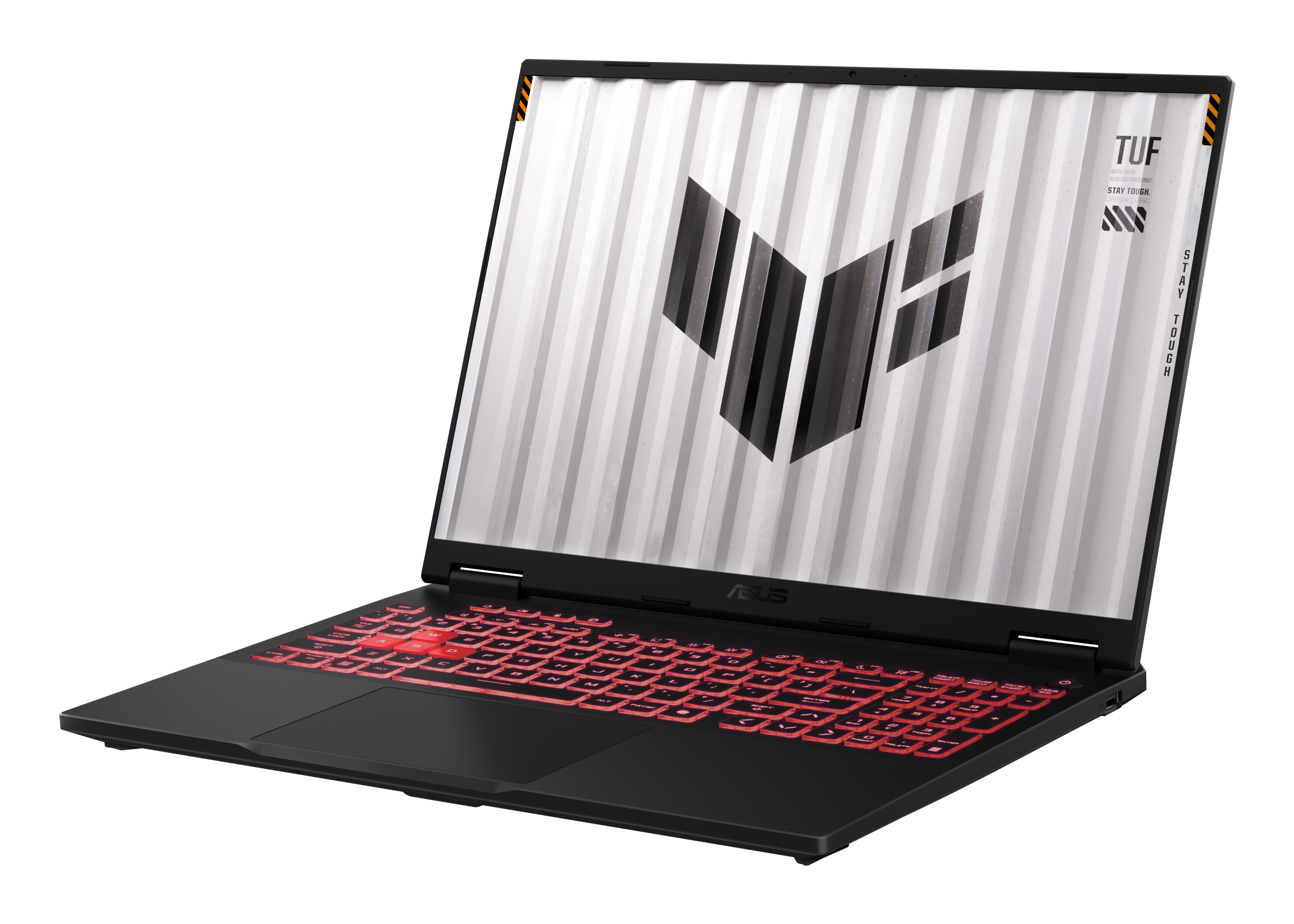 Ein schwarzer Laptop mit roter Hintergrundbeleuchtung, geöffnet auf einer weiß-grauen Oberfläche.
