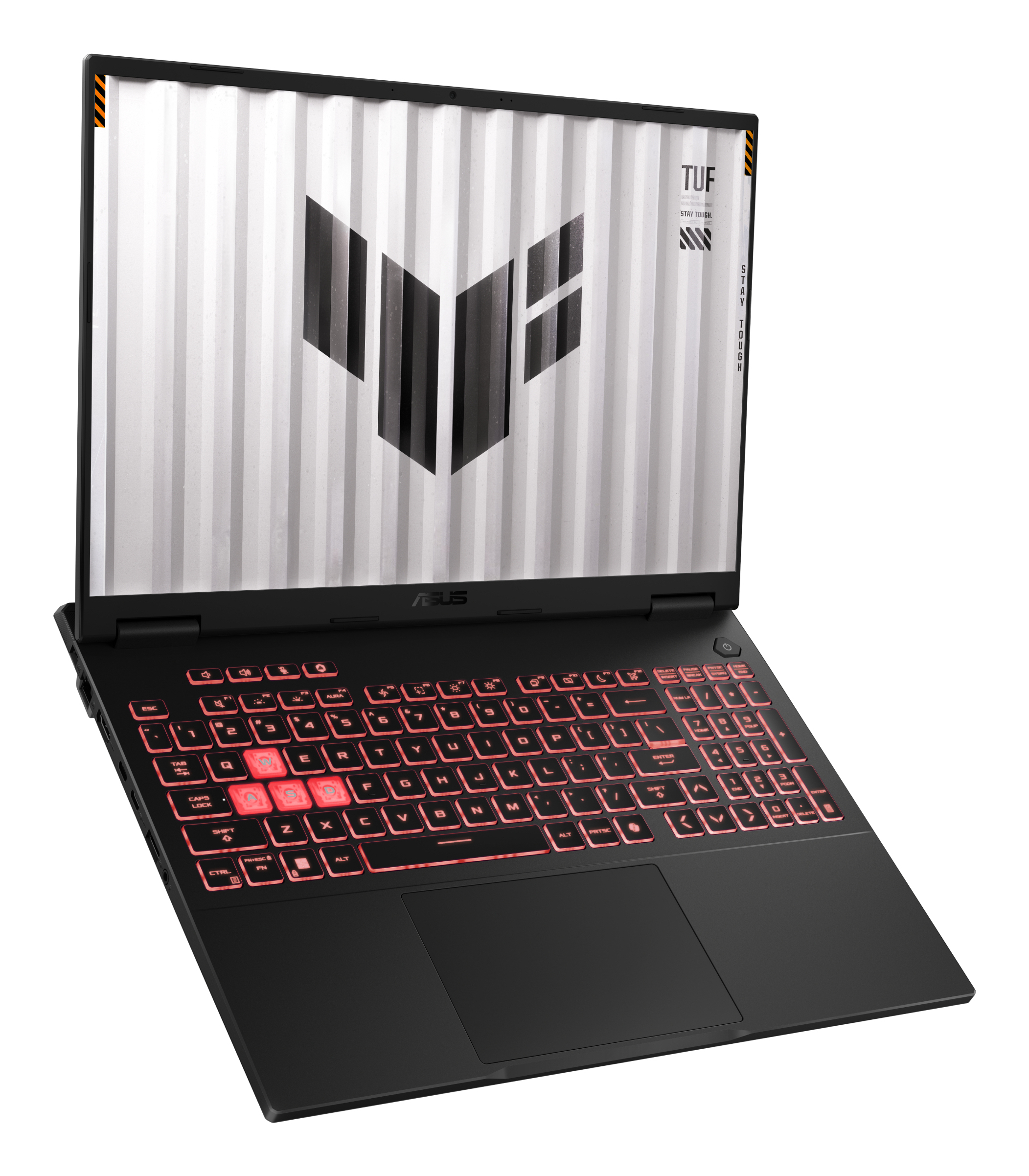 Schwarzer Laptop offen mit beleuchteter roter Tastatur und weißem Bildschirm.