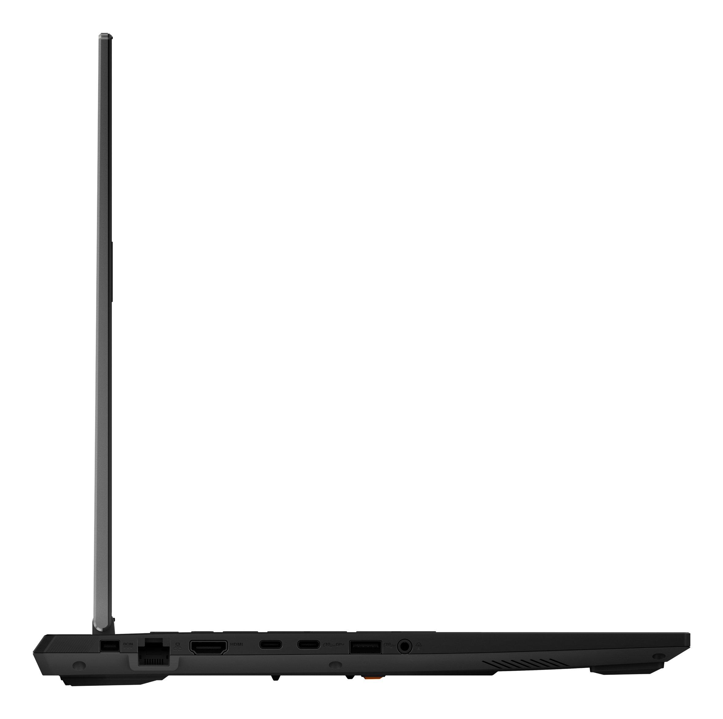 Seitenansicht eines schwarzen Laptops auf weißem Hintergrund, mit Anschlüssen und Profil.