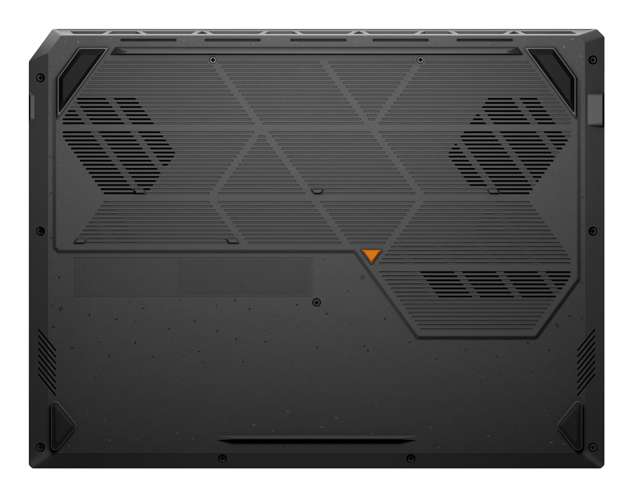 Laptop-Unterseite. Dunkelgrau mit Lüftungsschlitzen, orangefarbenem Akzent und strukturierter Oberfläche.