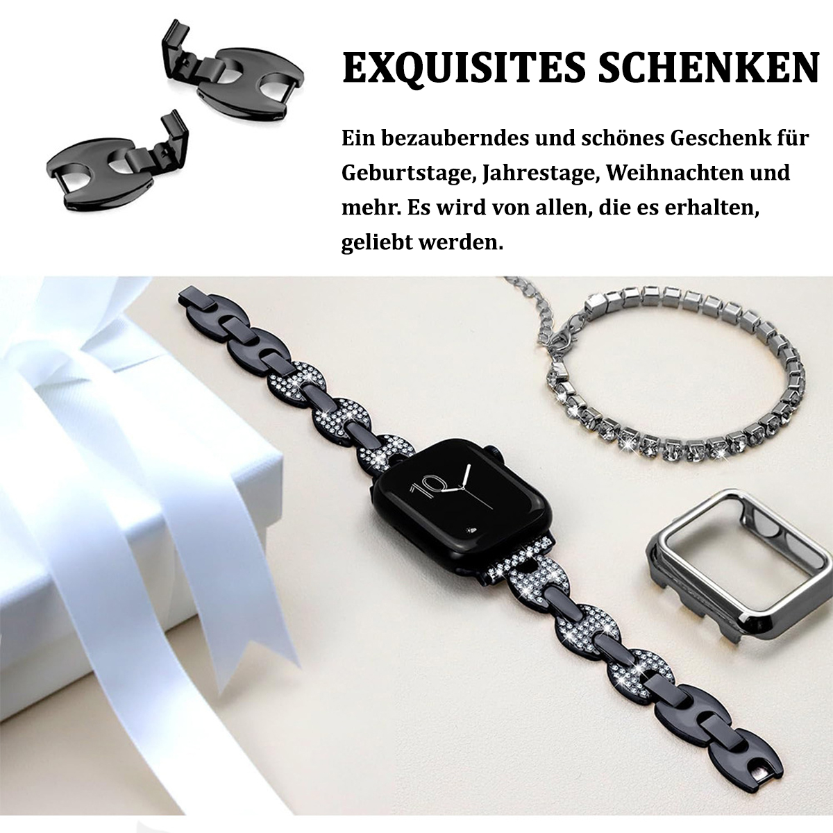 Eine Sammlung von Uhrenzubehör, darunter eine schwarze Uhr mit Diamanten, ein Armband und ein Gehäuse.