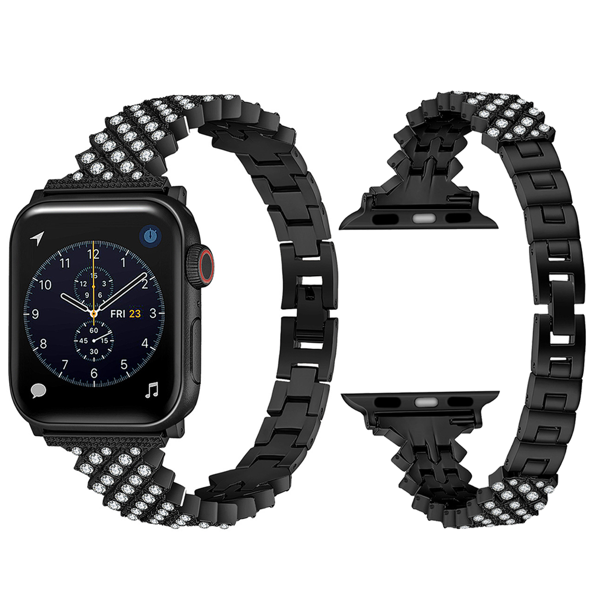 Eine schwarze Apple Watch mit schwarzem Armband, besetzt mit Strasssteinen. Zwei Armbandteile getrennt.