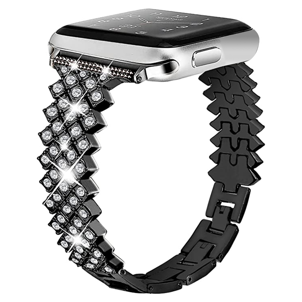 Smartwatch mit schwarzem Band. Band hat glänzende, klare Steine.