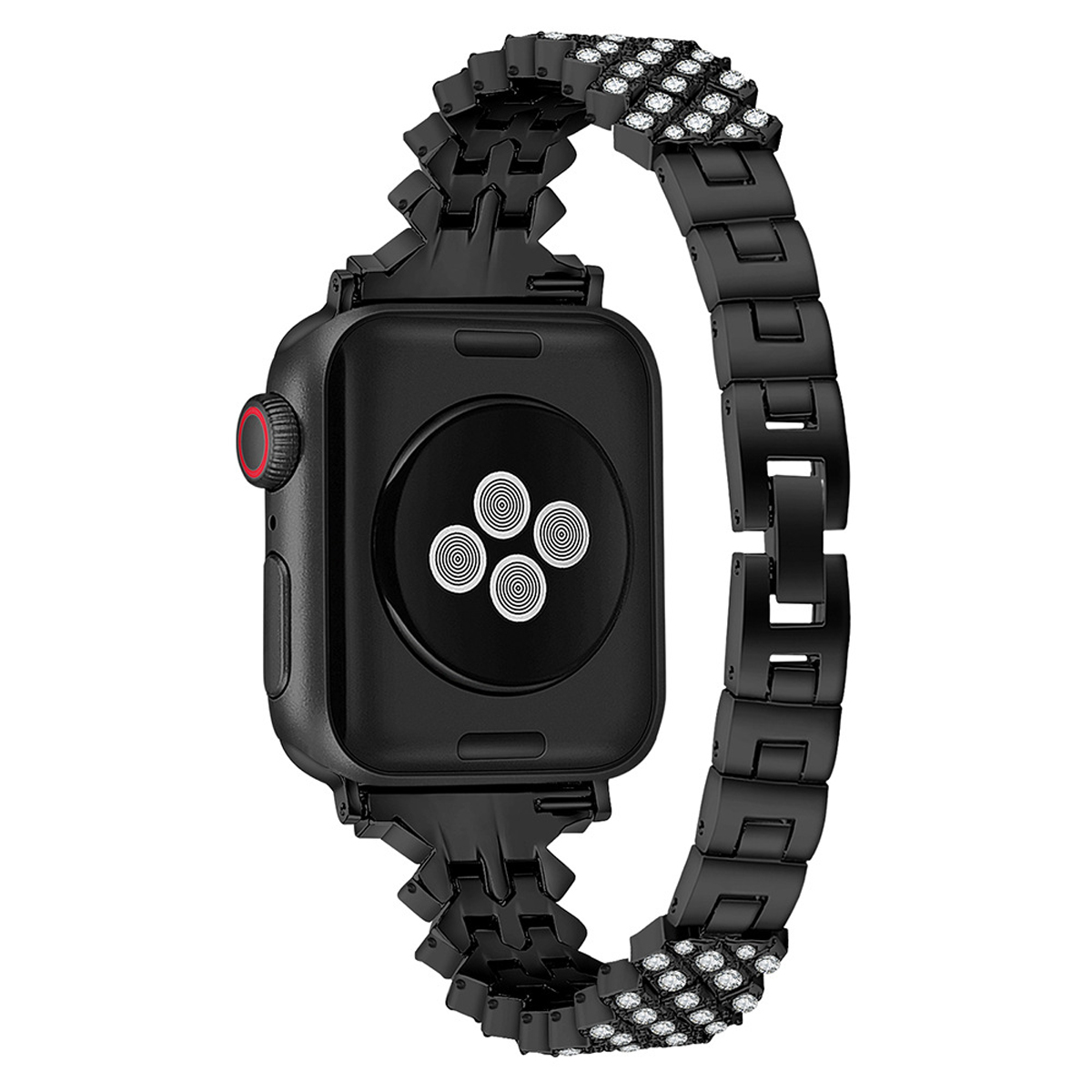 Eine schwarze Apple Watch mit einem schwarzen Armband, das mit Kristallen bedeckt ist, Nahaufnahme, auf weißem Hintergrund.