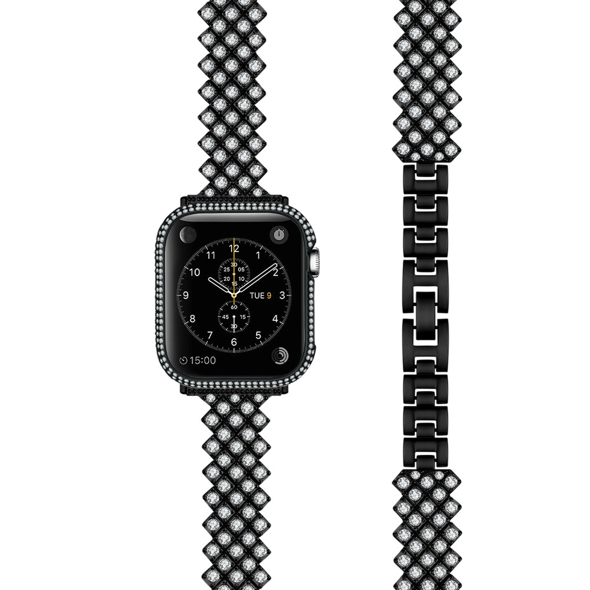 Eine schwarze Apple Watch mit einem diamantbesetzten Armband. Anzeige zeigt die Zeit.