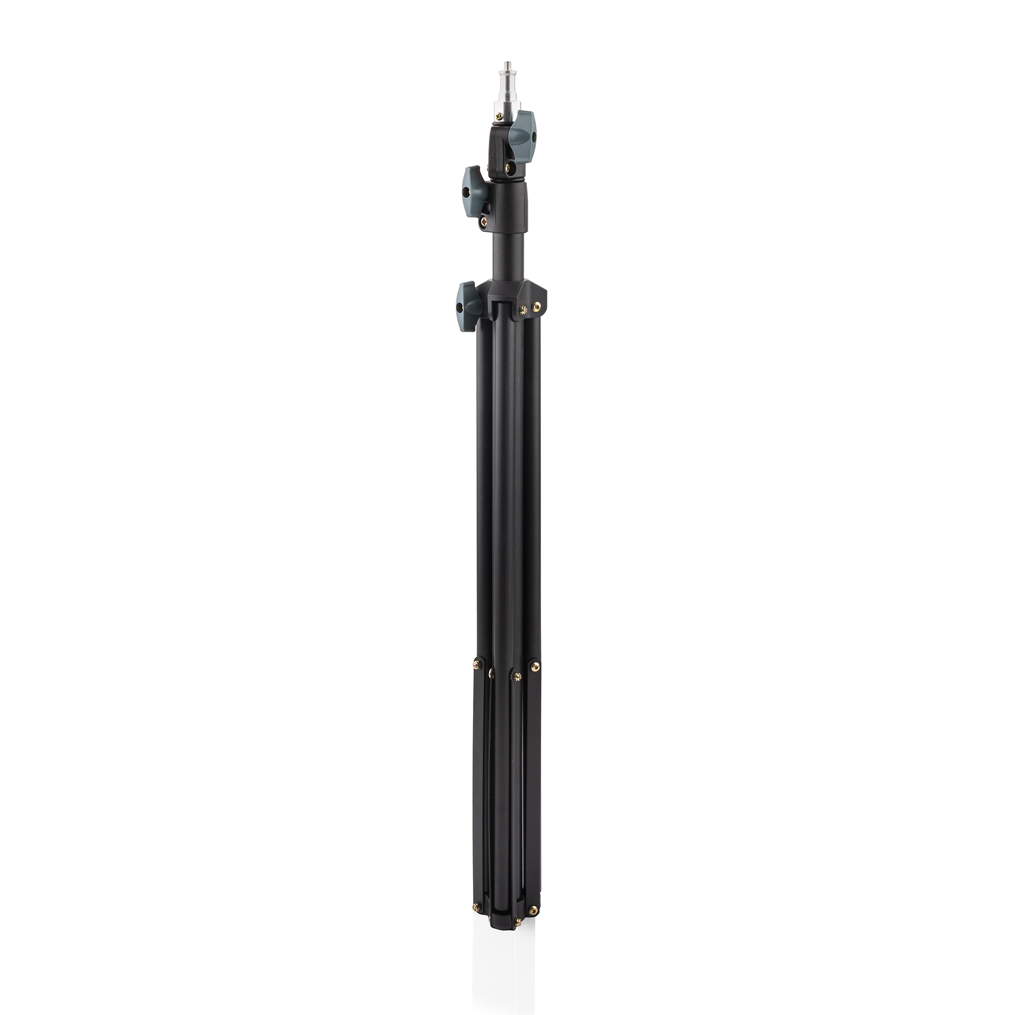 Black photography light stand, adjustable, with a white background.