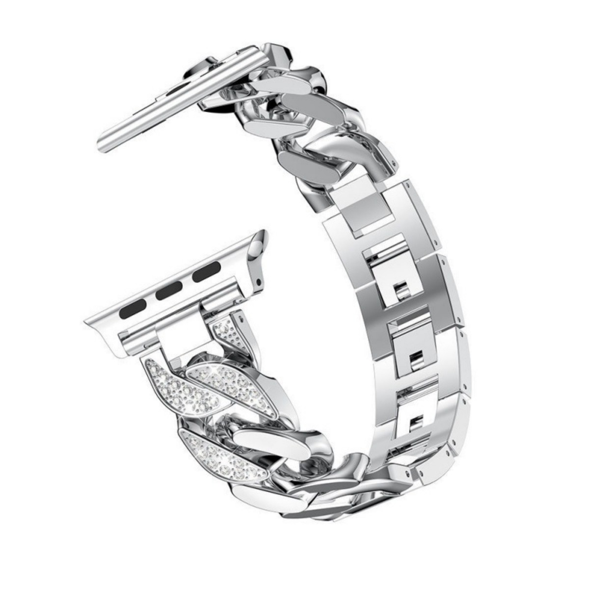 Silbernes Uhrenarmband mit Juwelen. Das Armband ist gebogen und auf weißem Hintergrund.
