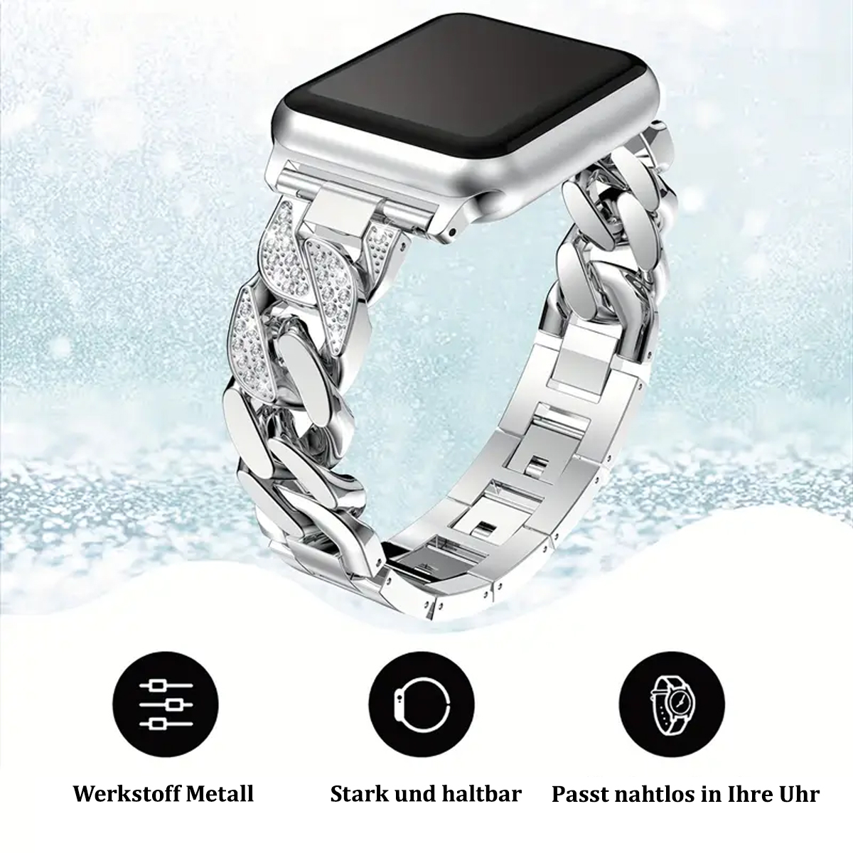 Silbernes Uhrenarmband mit diamantartigen Verzierungen, vor verschneitem Hintergrund.
