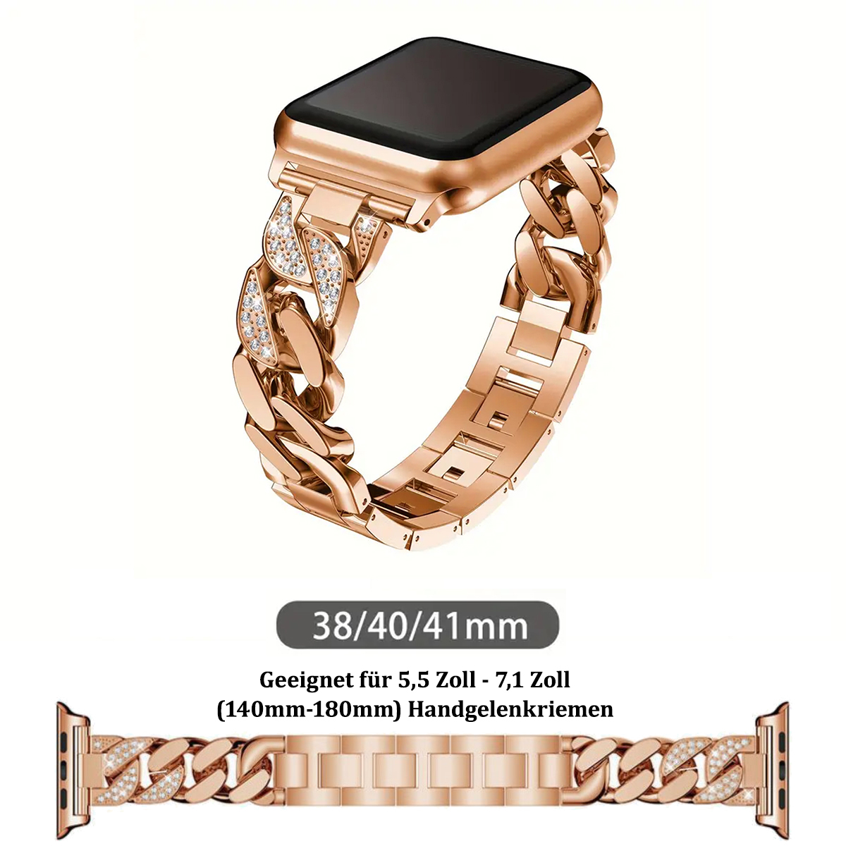 Roségoldenes Uhrenarmband mit Kettenmuster und Diamantakzenten.
