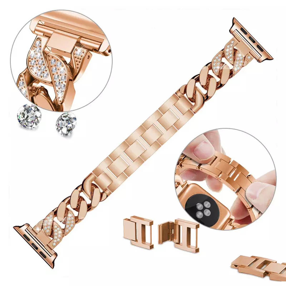 Roségoldenes Uhrenarmband mit Kettengliedern und Diamantakzenten, Detailansicht des Armbands und des Verschlusses.