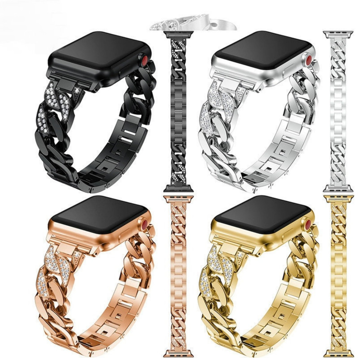 Vier Uhrenarmbänder, schwarz, silber, roségold und gold mit Kettendesign und Steinen.