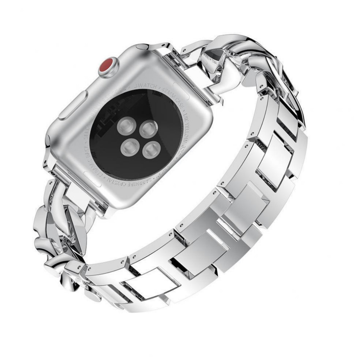 Eine Apple Watch mit silbernem Kettengliederarmband, von hinten und angewinkelt betrachtet.