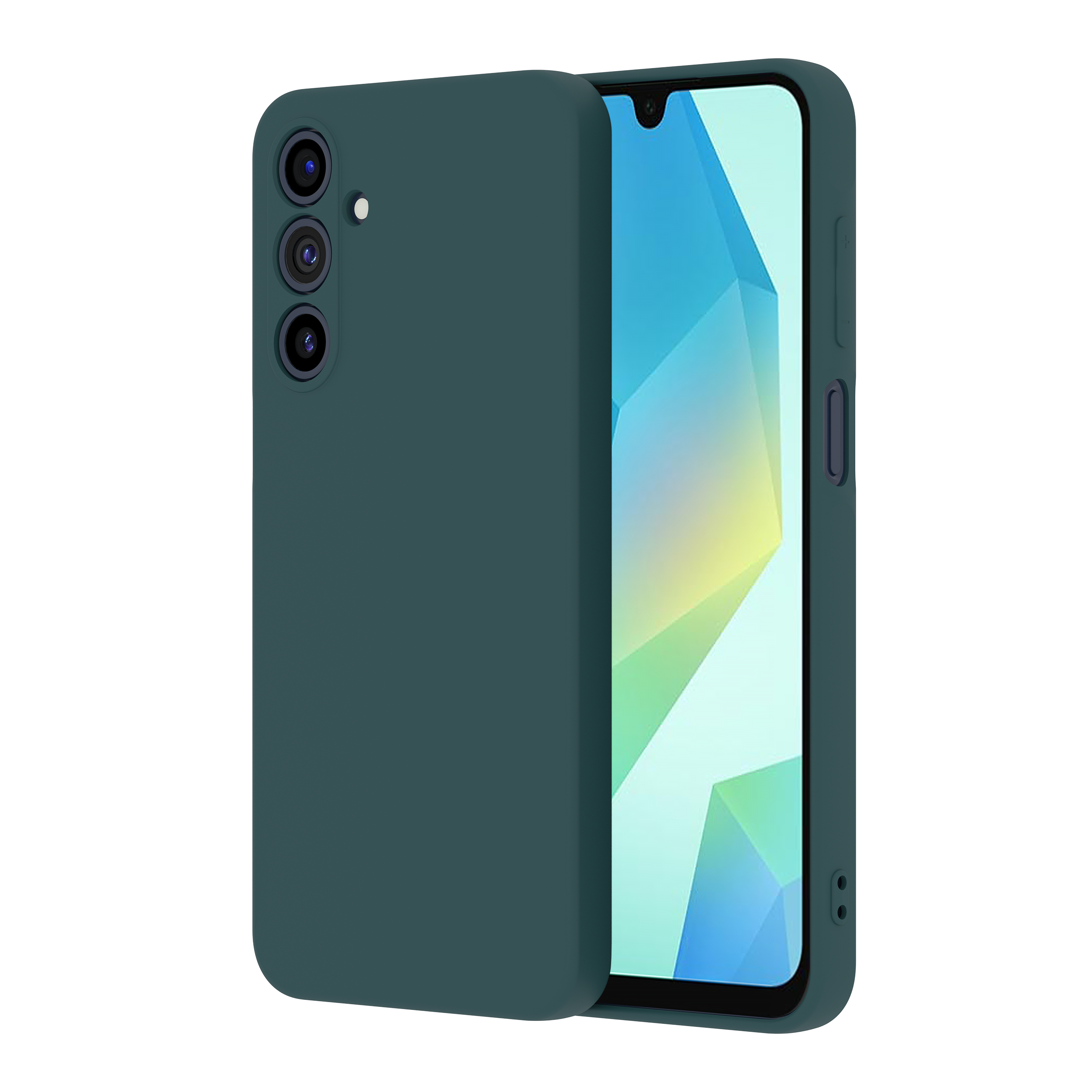 Ein türkisfarbenes Smartphone in einer türkisblauen Hülle, mit Dreifachkamera. Weißer Hintergrund. Bildschirm an.