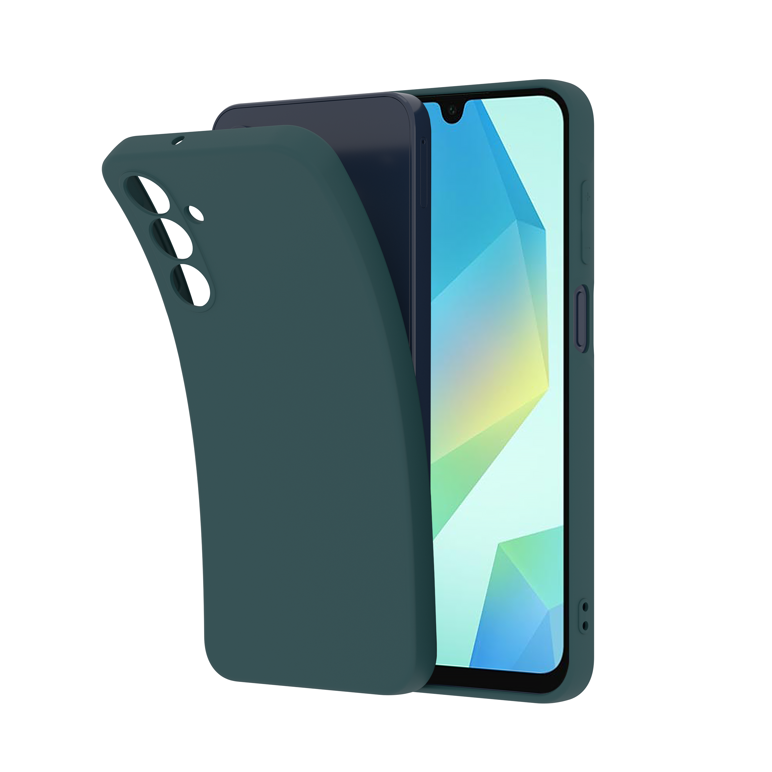 Eine türkisblaue Handyhülle neben einem Smartphone mit blau-weißem, abstraktem Hintergrund auf dem Bildschirm.