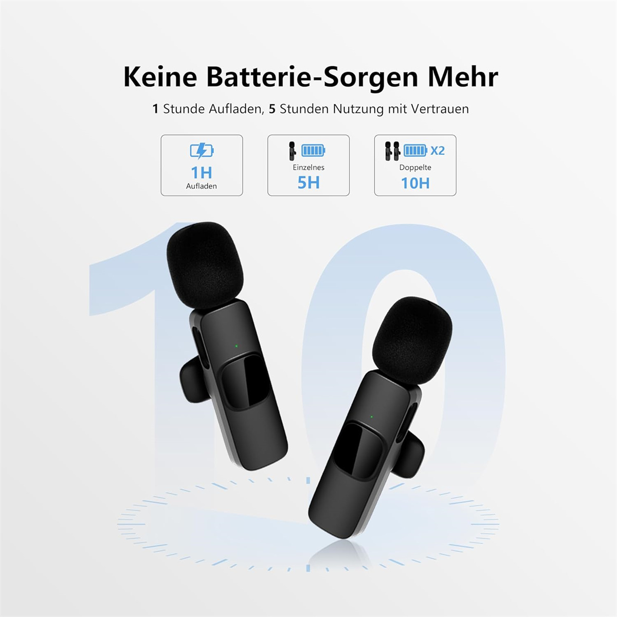 Zwei schwarze drahtlose Mikrofone mit Ladezeitdetails und Akkulaufzeitanzeigen.