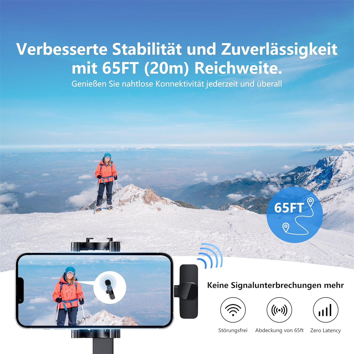 Bild zeigt Person auf schneebedecktem Berg mit Text und Diagramm zur drahtlosen Verbindung.
