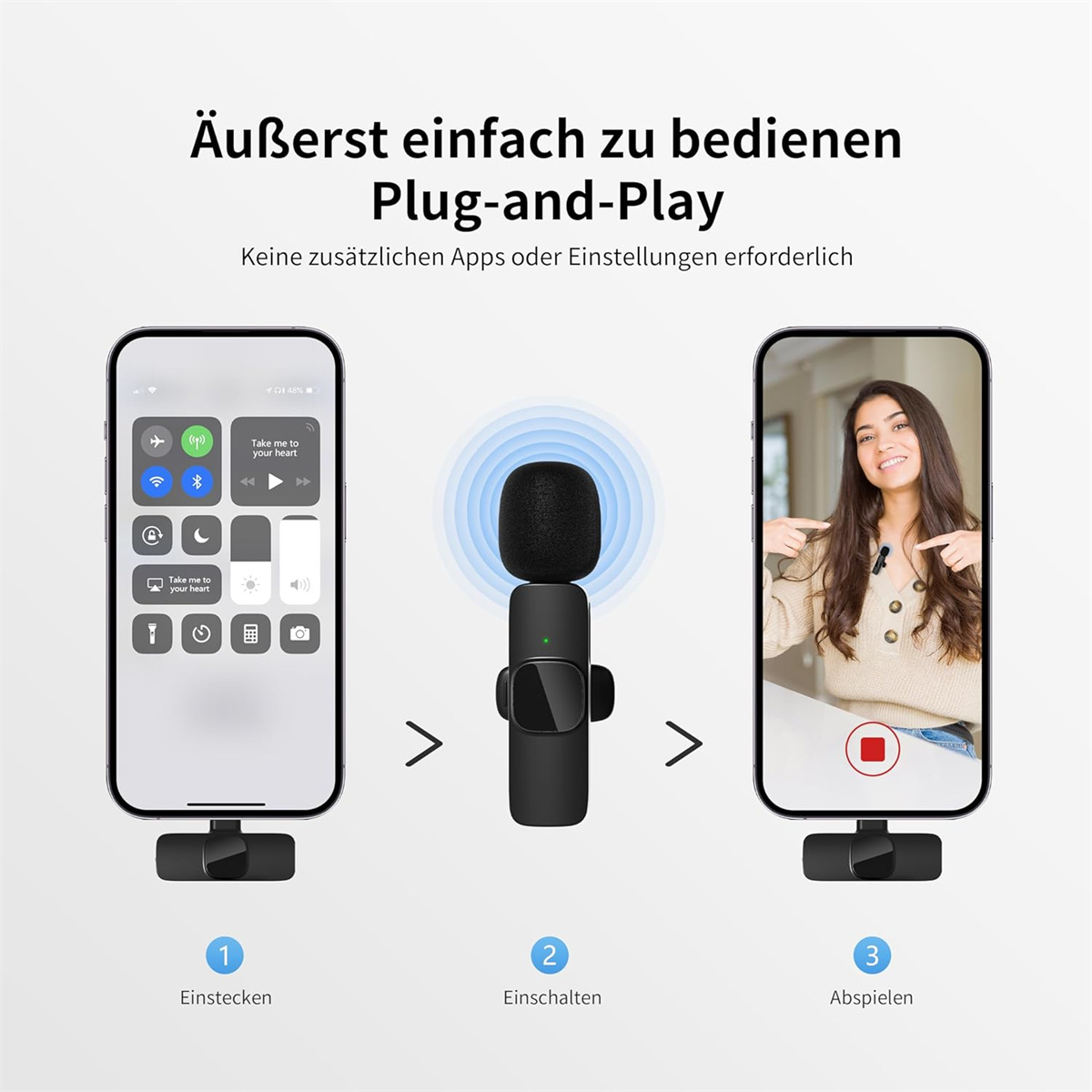 Ein Setup, das ein drahtloses Mikrofon zeigt, das für Aufnahmen mit zwei Smartphones verbunden ist.
