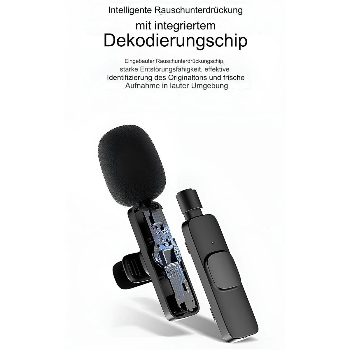 Kabelloses Mikrofon, zerlegt, mit Beschreibung zur Rauschunterdrückungstechnologie.