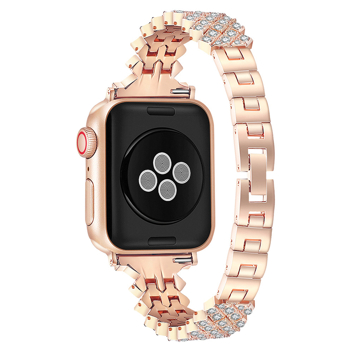 Roségoldene Uhr mit diamantbesetztem Armband und schwarzem Zifferblatt.