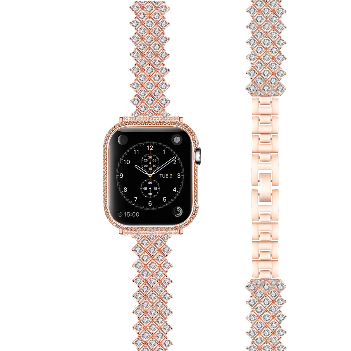 Roségoldene Apple Watch mit diamantartigem Armband. Die Uhr zeigt die Zeit.