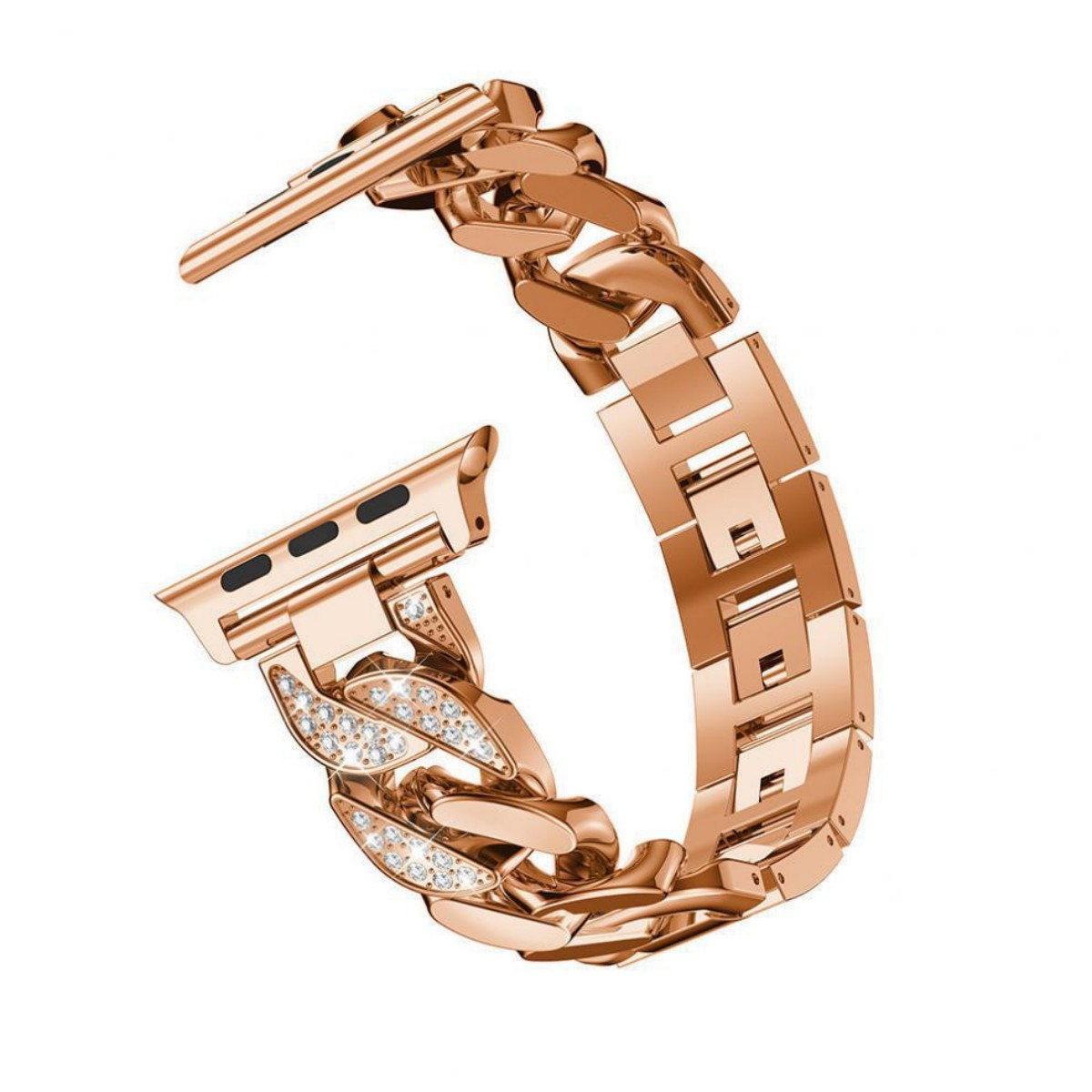 Ein roségoldenes Apple Watch-Armband mit Kettenmuster und Kristallakzenten, aus nächster Nähe betrachtet.