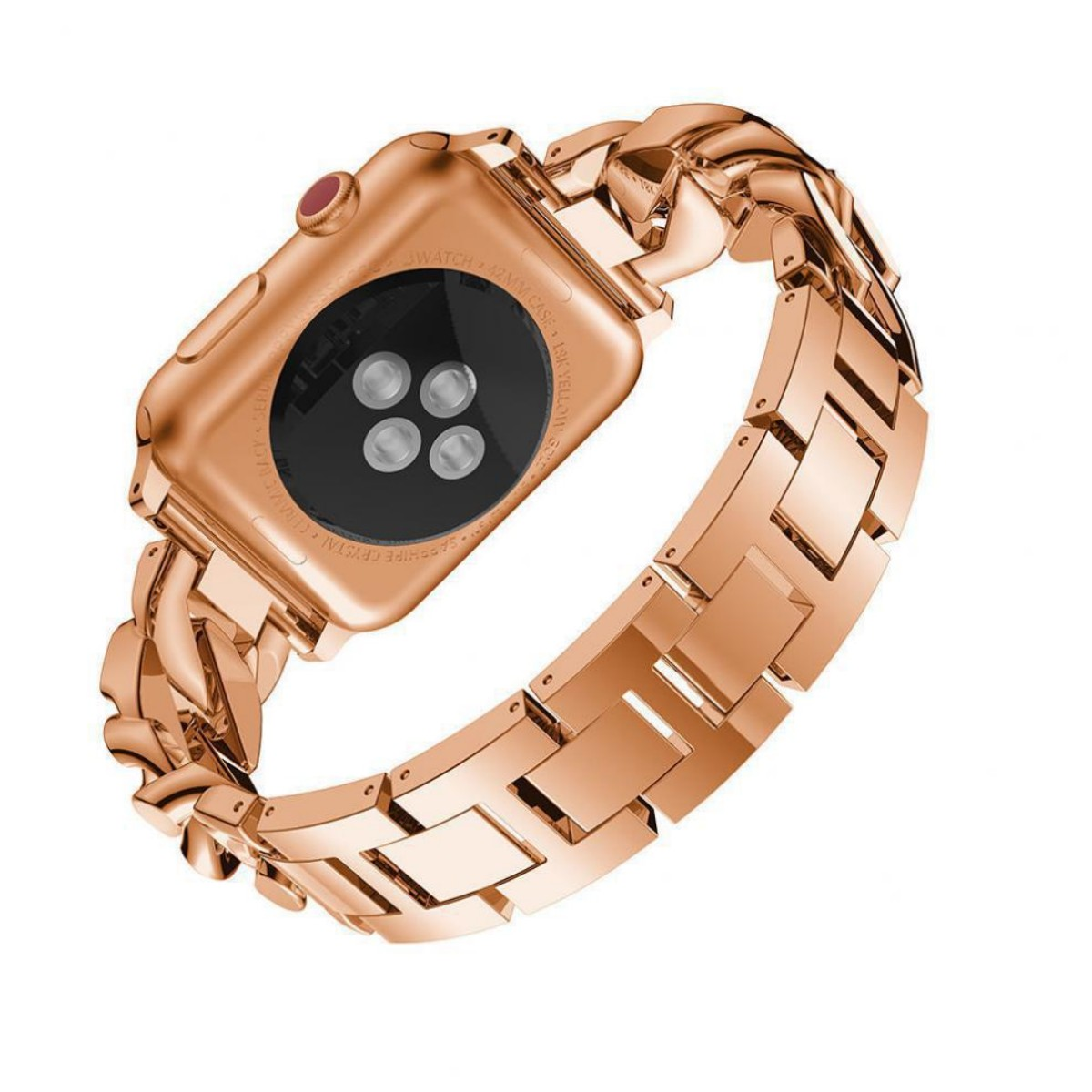 Roségoldene Apple Watch mit passendem Gliederarmband. Die Uhr liegt auf weißem Grund.