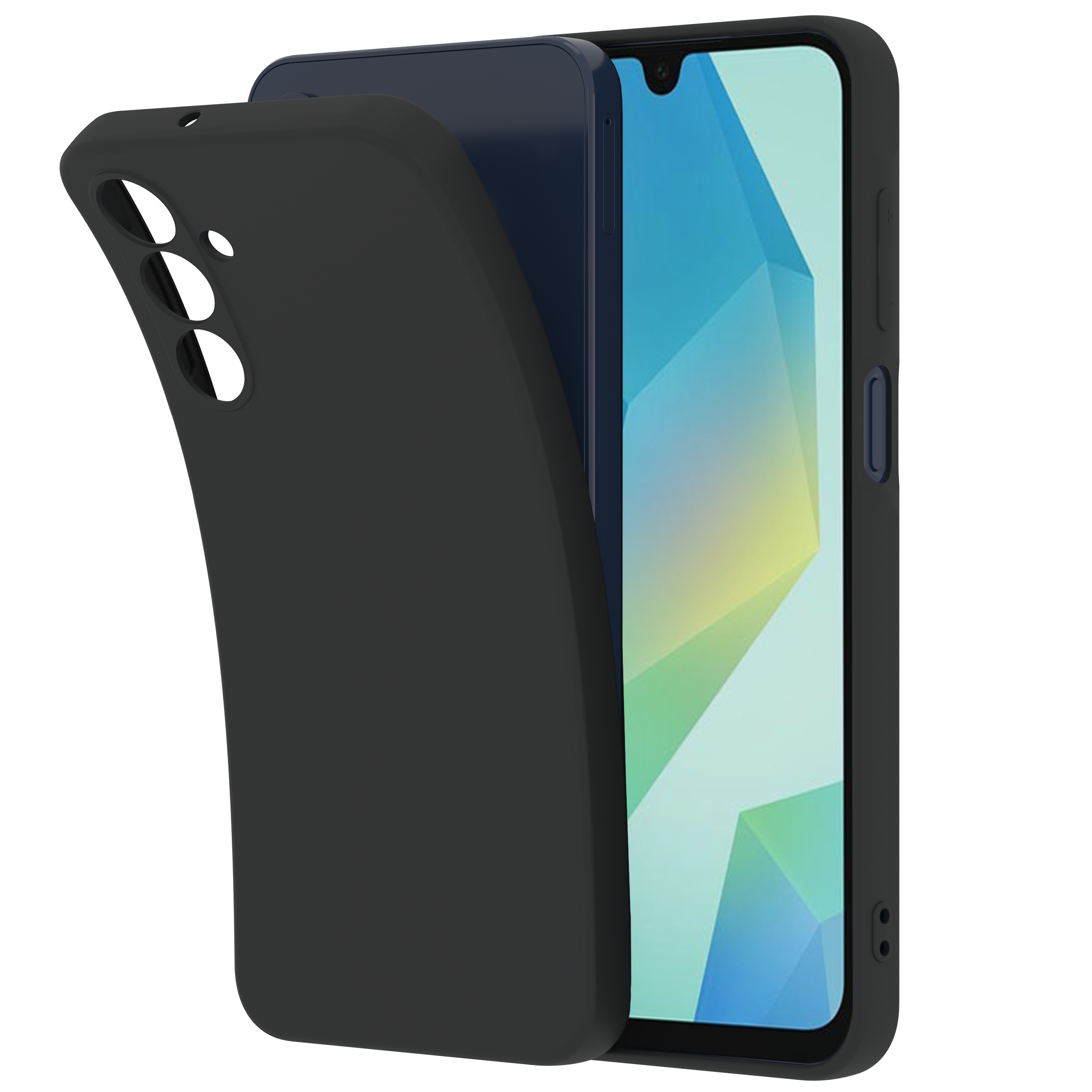 Schwarze Handyhülle teilweise entfernt, zeigt blaues Handy. Das Handy hat Bildschirm mit bunten Formen.