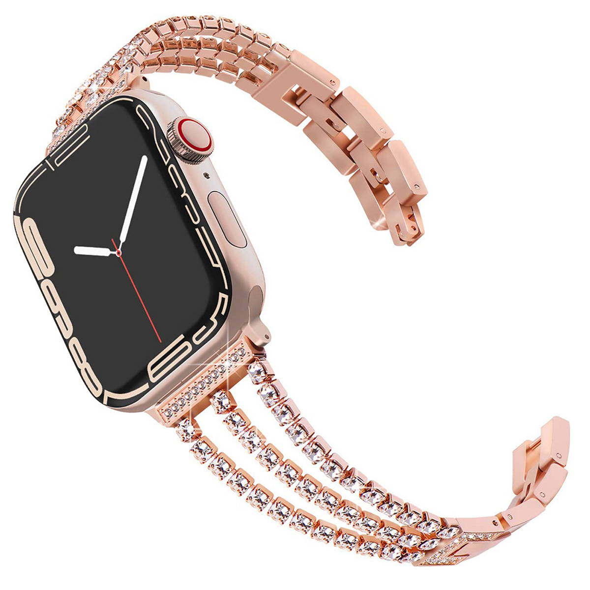 Eine roségoldene Apple Watch mit einem verzierten roségoldenen Armband. Die Uhr zeigt einen schwarzen Bildschirm.