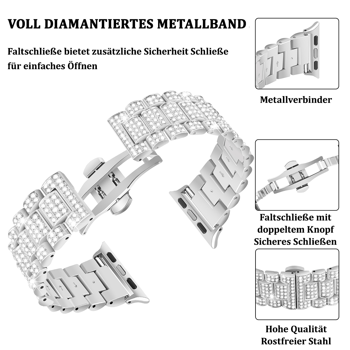 Silbernes Uhrenarmband mit Diamantakzenten und Verschlüssen. Details: Metallverbinder, Doppelknopfverschluss.