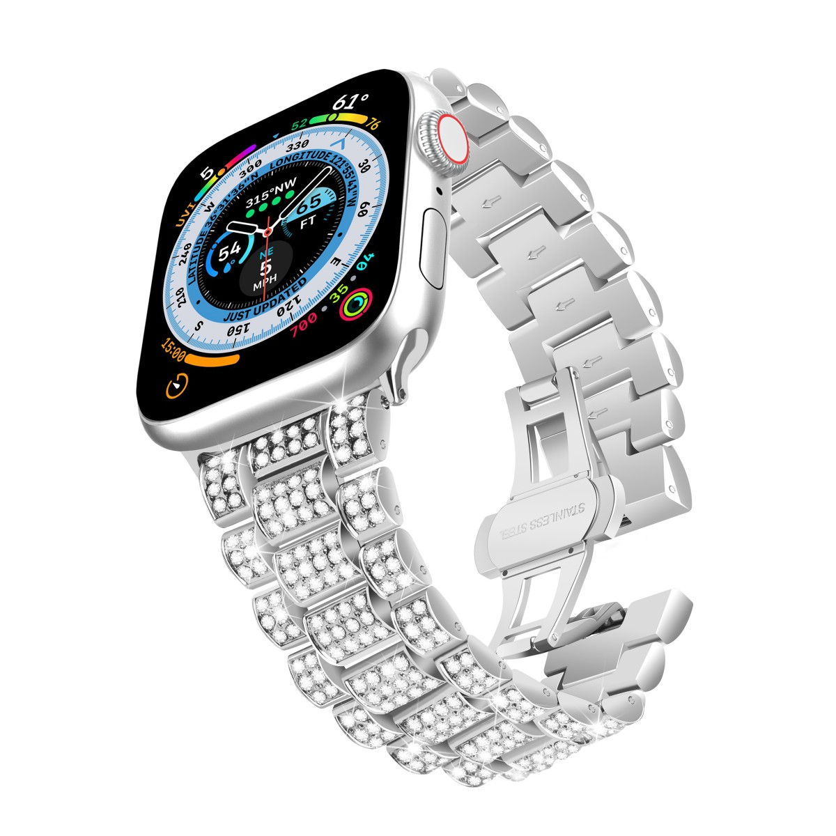 Silberne Smartwatch mit silbernem Armband, besetzt mit glitzernden Kristallen.