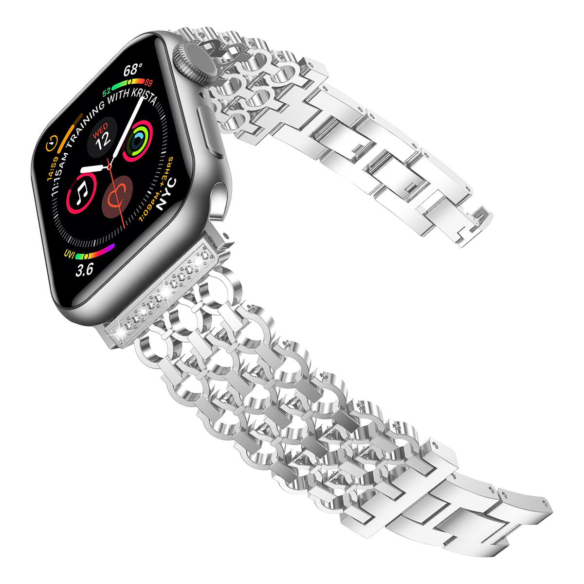 Eine silberne Smartwatch mit einem Kettengliedband. Die Uhr zeigt die Zeit an.