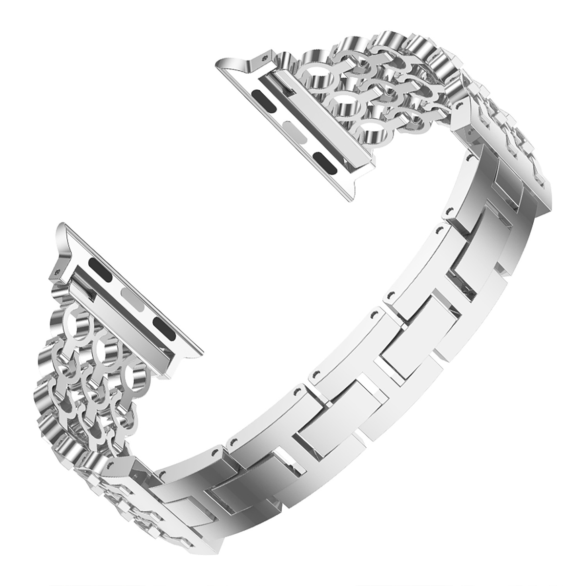 Ein silbernes Apple Watch-Armband mit Wabenmuster, Nahaufnahme, weißer Hintergrund.