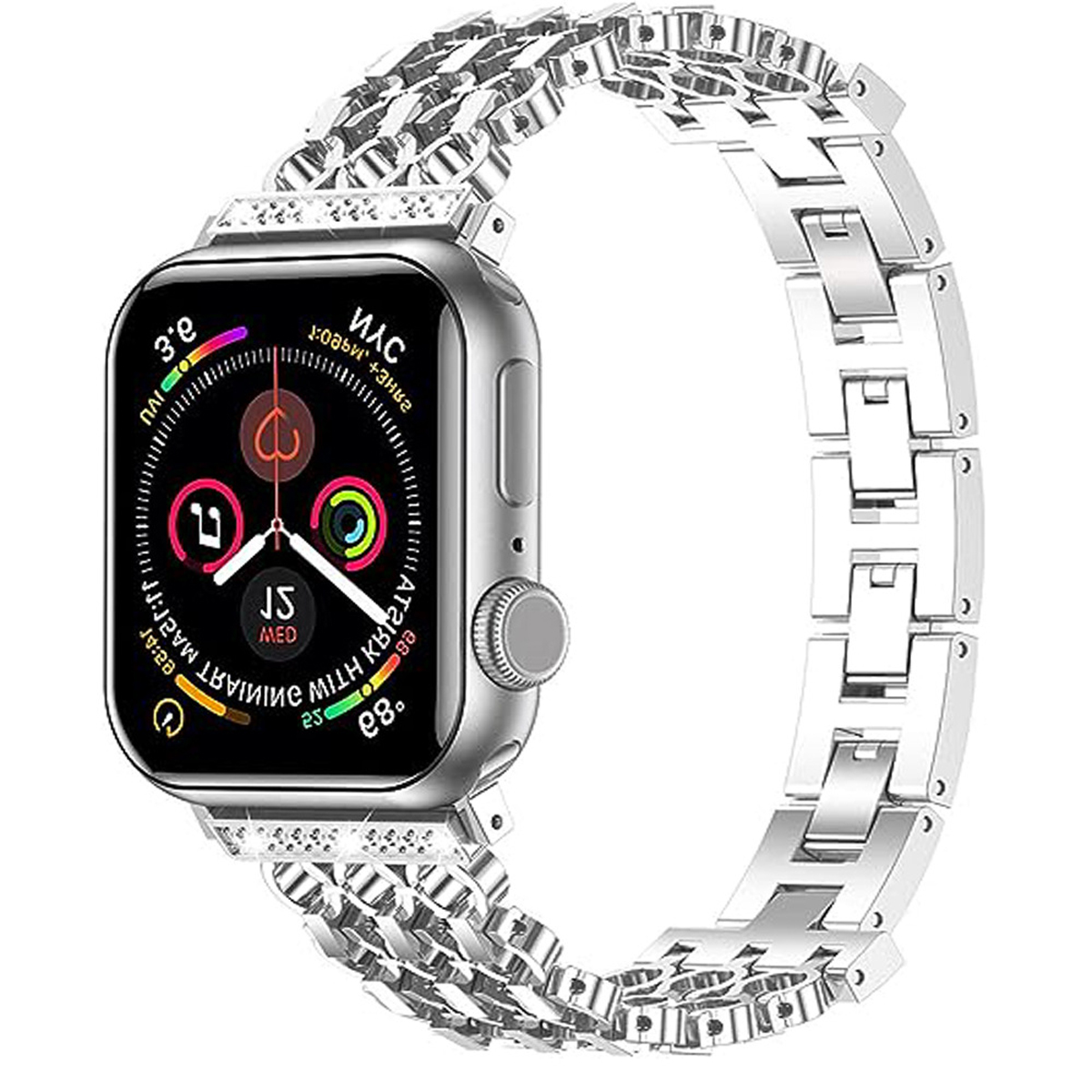 Silberne Apple Watch mit silbernem Armband, mit Diamanten und digitaler Anzeige.