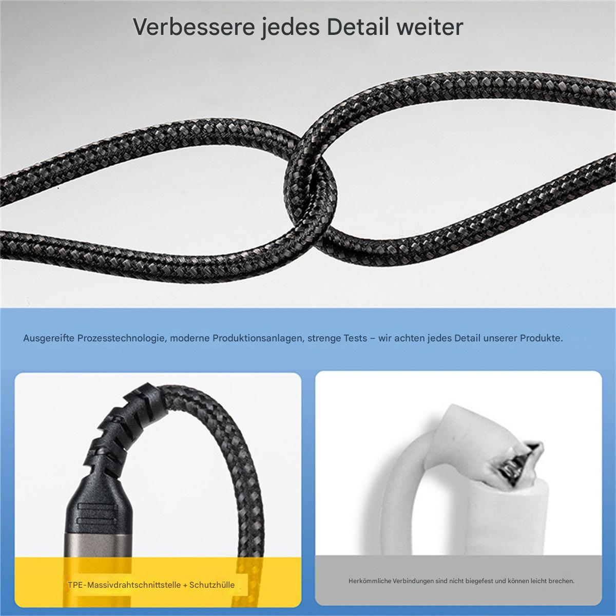 Nahaufnahme eines schwarzen geflochtenen Kabels mit Ausschnitt, der Details der inneren Struktur zeigt.