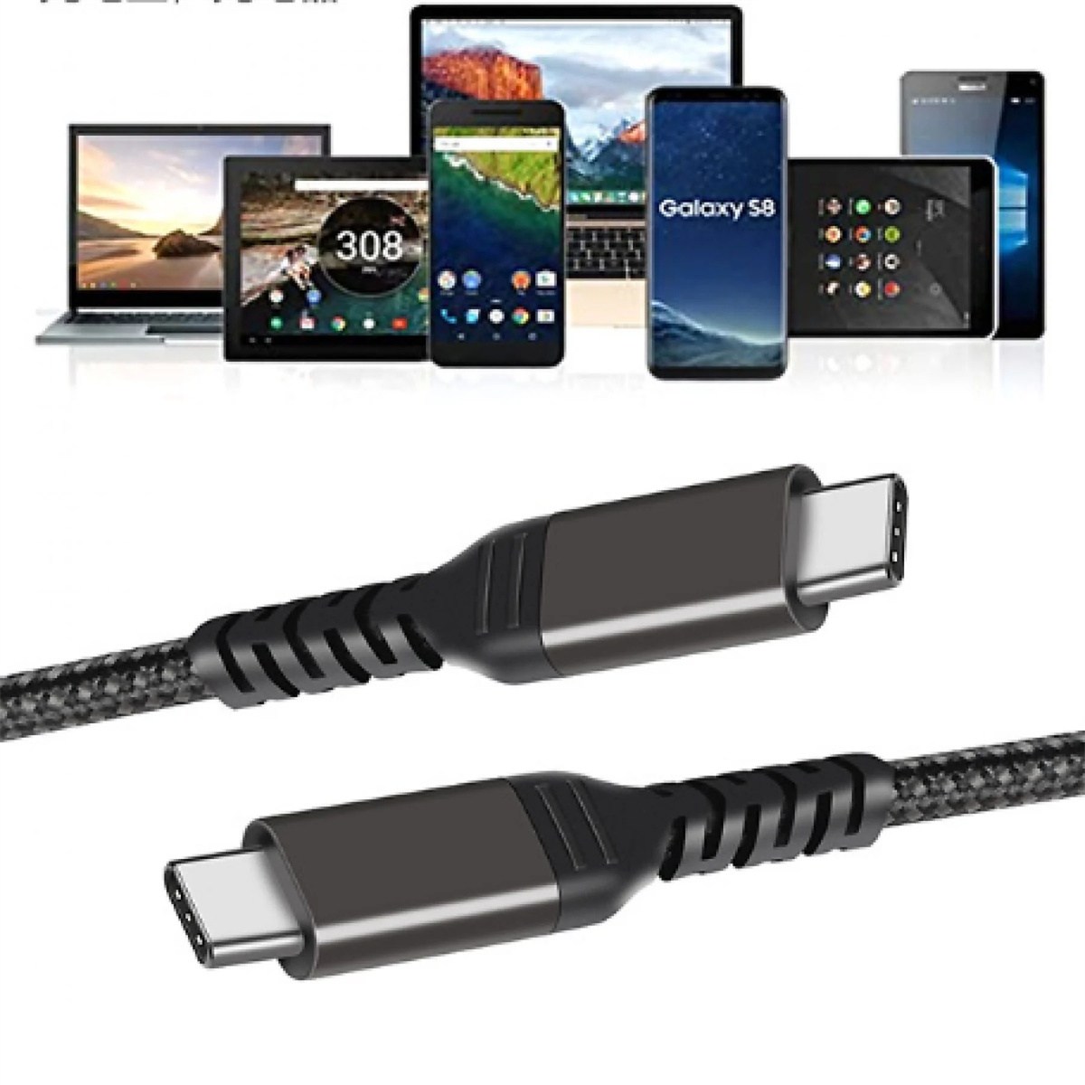 USB-C-Kabel. Im Hintergrund sind mehrere Geräte wie Tablets und Telefone zu sehen.