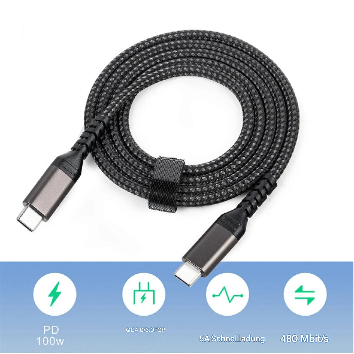 Ein aufgerolltes, schwarz-graues USB-C-Kabel mit Anschlüssen, gekennzeichnet mit Lade- und Datenübertragungssymbolen.