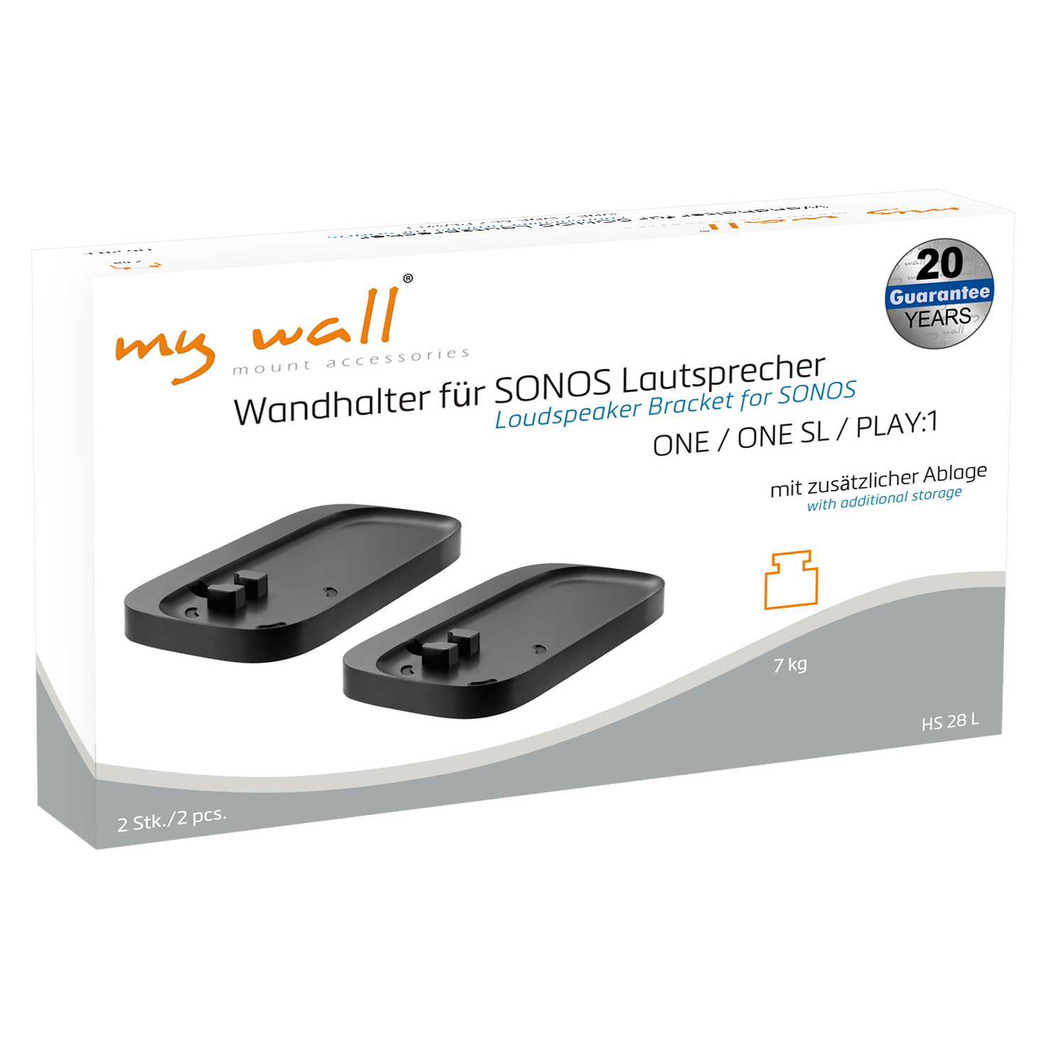 Weiße Box mit schwarzen Lautsprecherhaltern. Text: 'Wandhalter für SONOS' und Logo.
