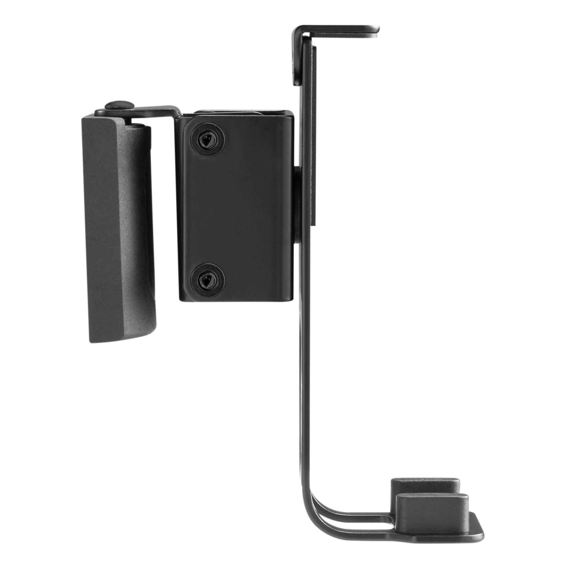 Schwarzer, an der Wand montierter Kopfhörerständer. Er ist aus Metall und hat ein minimalistisches Design.