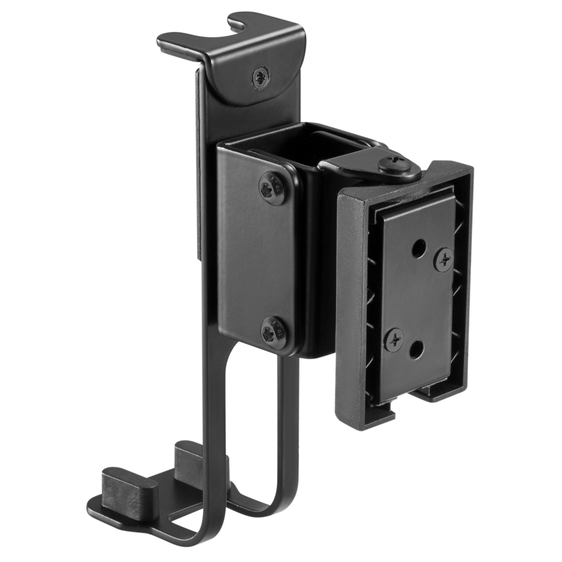 Eine schwarze Metallhalterung mit mehreren Haken und einem rechteckigen Halter für einen Gegenstand.