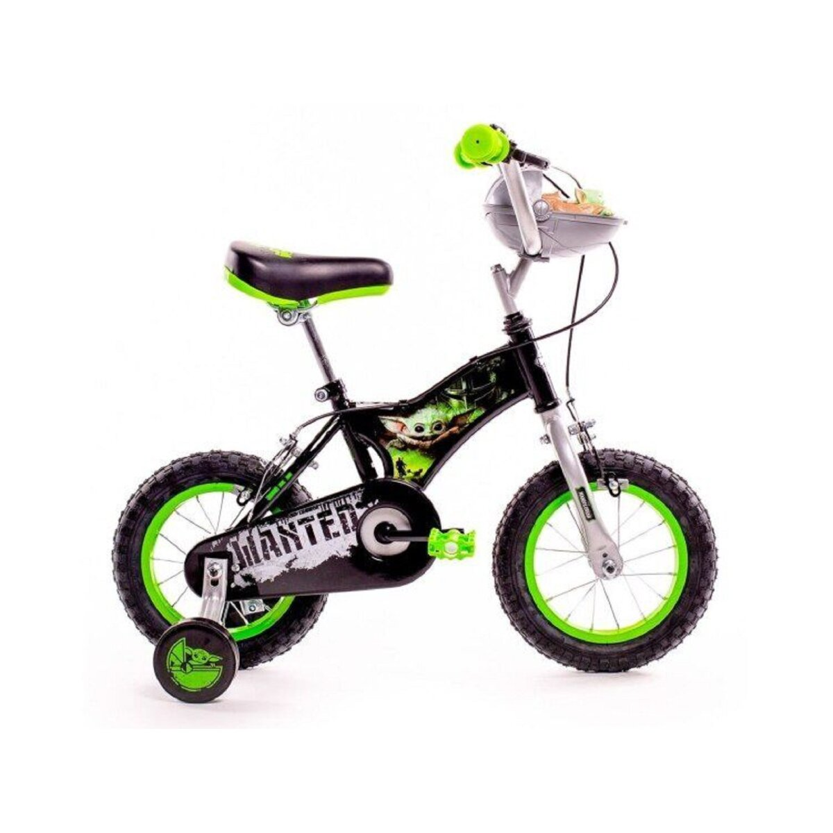 Schwarzes und grünes Grogu-Fahrrad. Es hat Stützräder und einen Korb.