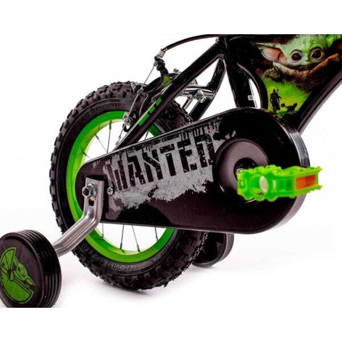 Ein Kinderfahrrad mit grünem und schwarzem Farbschema, das ein Grogu-Design auf der Seite zeigt.