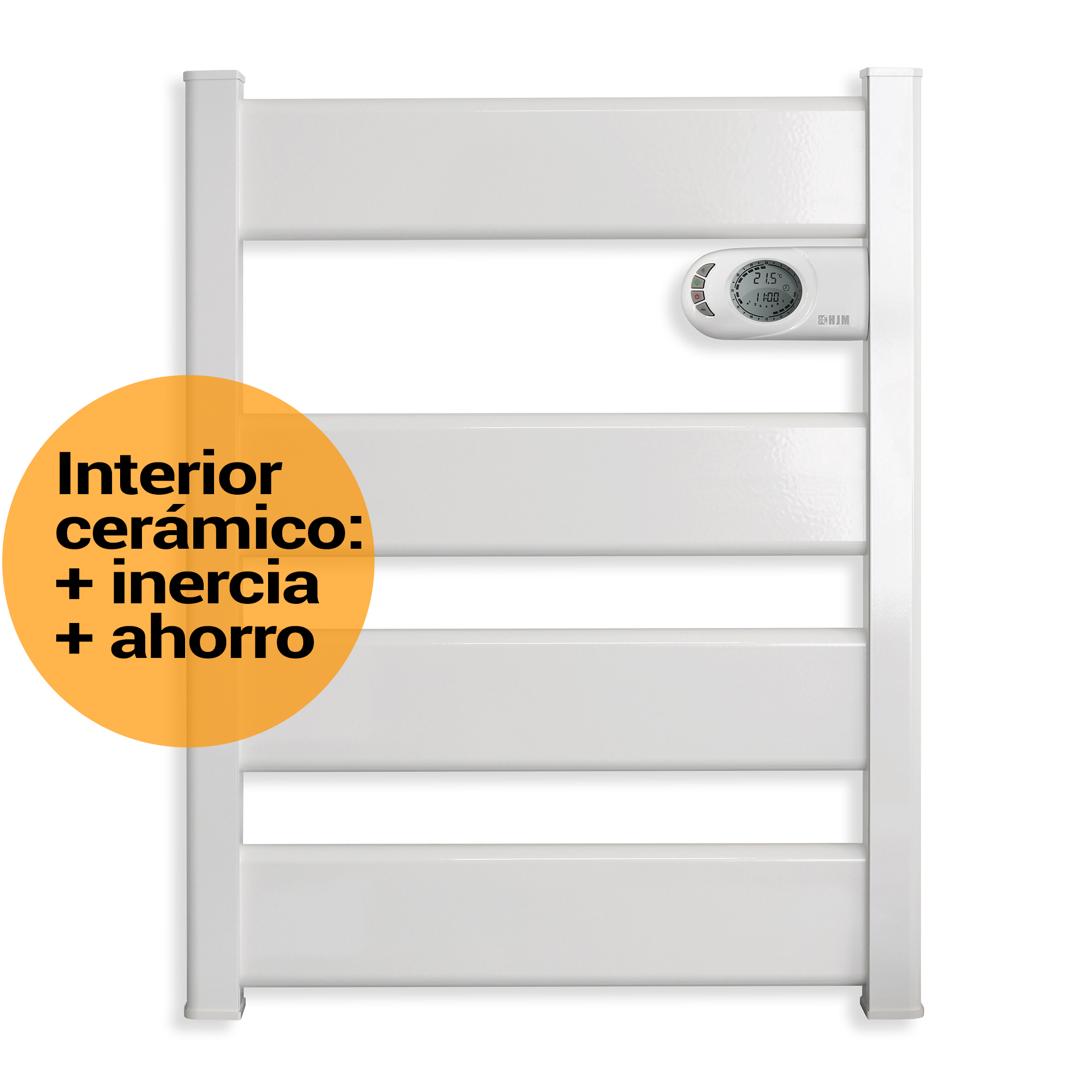 Toallero térmico blanco con texto sobre interior cerámico, inercia y ahorro.